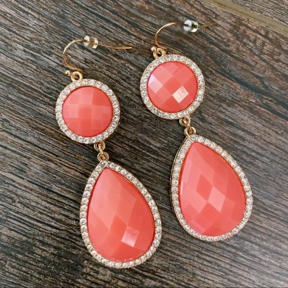 Drop Earrings Salmon Pink Diamond Edge Teardrop Bobble Style Jewelry Gold Detail - Picture 1 of 3